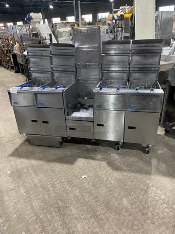FAB! Pitco Frialator Commercial Natural Gas Powered 4 Bay Deep Fat Fryer! With Middle Fryer Basket Rack! With 8 Metal Frying Baskets! With Oil Filter System! All Stainless Steel! On Casters! Model: SGH50 SN: G11CB008154