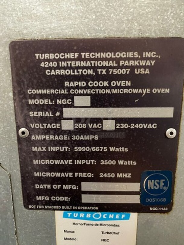 Turbo Chef Commercial Countertop Rapid Cook Oven/ Microwave Oven! All Stainless Steel! On Equipment Stand! 2x Your Bid Makes One Unit! One Is Tornado Series Model: NGC 208/230/240V - Image 10 of 12
