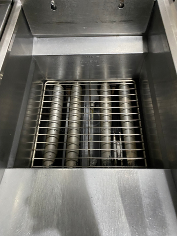 Southbend Commercial Natural Gas Powered 2 Bay Deep Fat Fryer! With Raised Back Splash And Small Salamander Shelf! With 4 New Frying Baskets! All Stainless Steel! On Casters! - Image 6 of 11