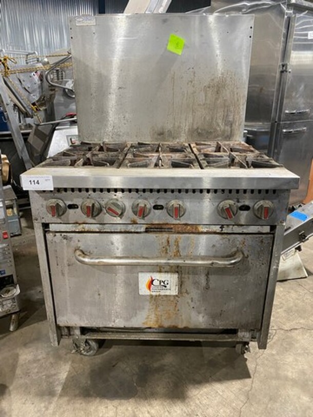 CPG Commercial Natural Gas Powered 6 Burner Stove! With Raised Back Splash! With Oven Underneath! All Stainless Steel! On Casters! Model: S36N SN: 091636N033