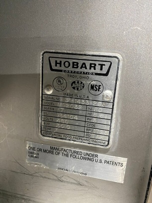 AMAZING! Hobart Commercial Floor Style Heavy Duty Meat Grinder/ Meat Mixer! With 200 LB Capacity! With Foot Pedal Control! Solid Stainless Steel! On Casters!  Model: MG2032 SN:311433265! 480V 60HZ 3 Phase! - Image 9 of 10