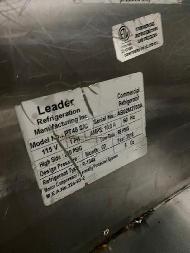 LATE MODEL! 2018 Leader Commercial Refrigerated Marble Top Pizza Prep Table! With 2 Door Underneath Storage Space! All Stainless Steel! On Casters! Model: PT48 SN: AB02M2705A 115V 60HZ 1 Phase - Image 7 of 10