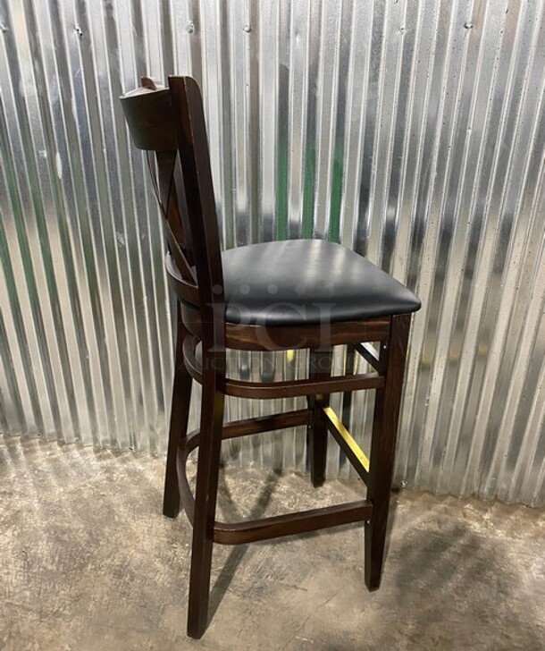 WOW! New! Solid Beech Wood Cross Back Commercial Bar Stool! In Cherry Wood With Black Vinyl Seat! 3x Your Bid! - Image 4 of 7