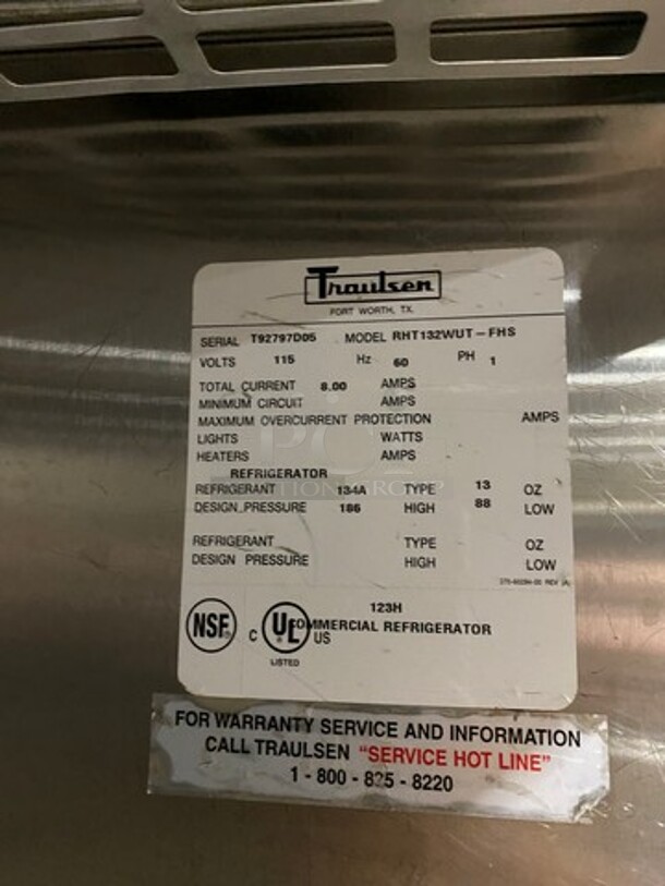 Traulsen Commercial Single Door Reach In Cooler! All Stainless Steel! On Legs! Model: RHT132WUT SN: T92797D05 115V 60HZ 1 Phase - Image 5 of 7