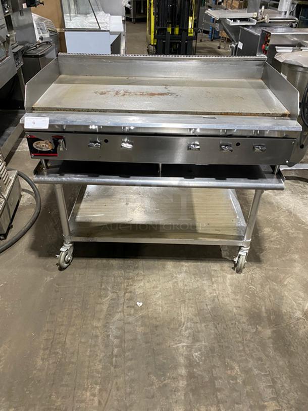 FAB! L & J Commercial Countertop Natural Gas Powered Flat Top Griddle! With Back & Side Splashes! On Equipment Stand! With Underneath Storage Space! All Stainless Steel! On Casters!
