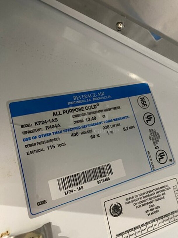  WOW! Beverage Air Commercial Single Door Reach In Freezer! All Stainless Steel! On Casters! WORKING WHEN REMOVED! Model: KF241AS SN: 8216485 115V 60HZ 1 Phase - Image 7 of 9