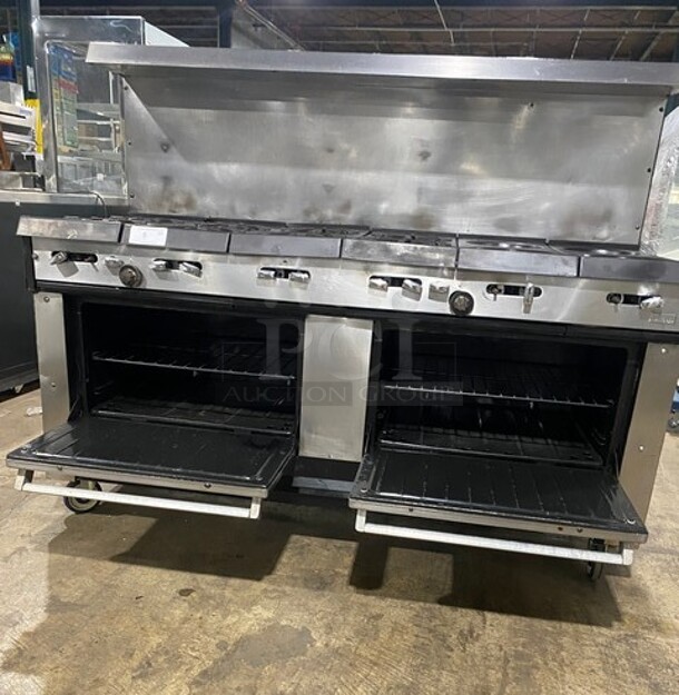 Garland Commercial Natural Gas Powered 12 Burner Stove! With 2 Full-Sized Ovens! With Metal Oven Racks! With Raised Back Splash & Salamander Shelf! Stainless Steel! On Casters! - Image 7 of 9
