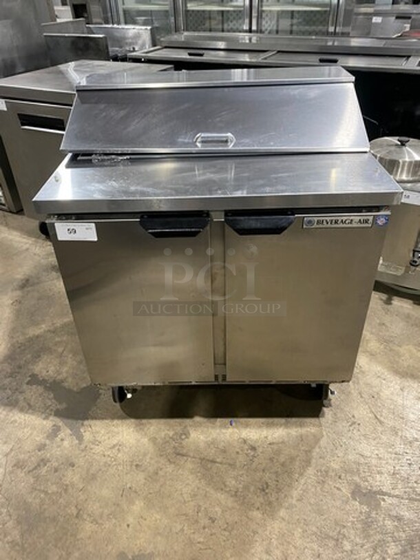 Beverage Air Commercial Refrigerated Sandwich Prep Table! With 2 Door Storage Space Underneath! All Stainless Steel! On Casters! Model: SPE3610 SN: 10211900 115V 60HZ 1 Phase