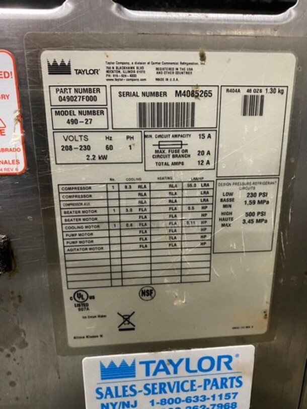 Taylor Commercial Single Flavor Smoothies/ Frozen Beverage Machine! All Stainless Steel! On Legs! Model: 49027 SN: M4085265 208/230V 60HZ 1 Phase - Image 8 of 9
