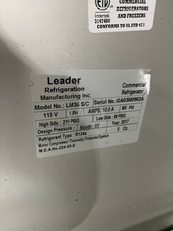 LATE MODEL! 2017 Leader Commercial Refrigerated Sandwich Prep Table! With 2 Door Underneath Storage Space! With Commercial Cutting Board! All Stainless Steel! On Casters! Model: LM36 SN: GA03M0902A 115V 60HZ 1 Phase - Image 7 of 10