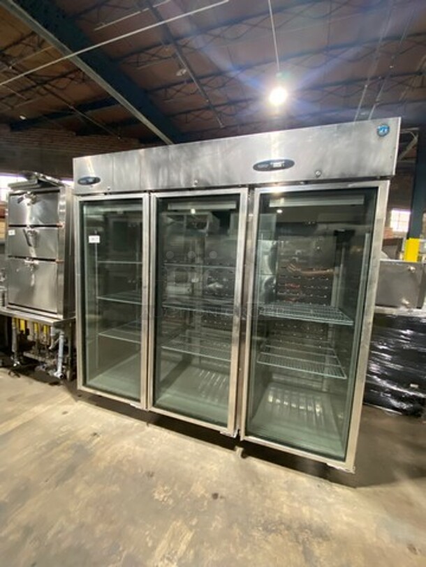 COOL! Hoshizaki Commercial 3 Door Reach In Cooler Merchandiser! With View Through Doors! Poly Coated Racks! All Stainless Steel Body! Model: CR3BFGYCR SN: E50016E 115V 60HZ 1 Phase