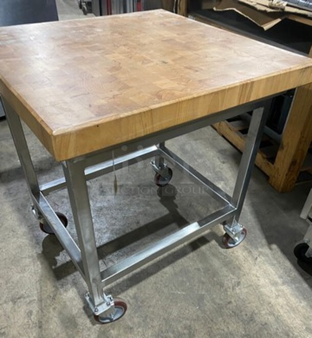 NICE! Butcher Block Never Used Reversable Prep Table! 3" Thick! On Casters! - Image 2 of 8