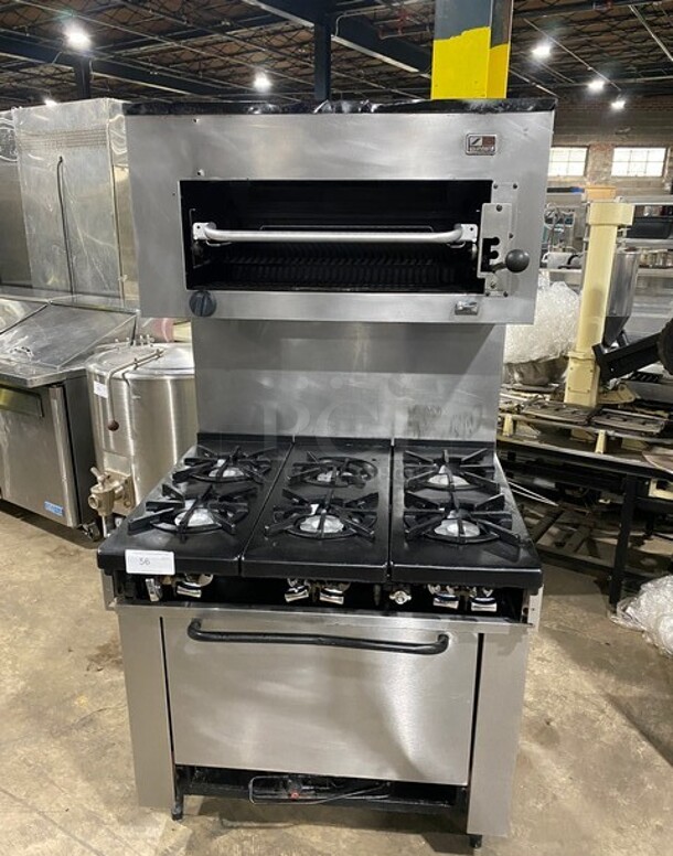 Southbend Stainless Steel Commercial Gas Powered 6 Burner Stove! With Raised Back Splash And Salamander! With Oven Underneath! On Legs!   - Image 1 of 10