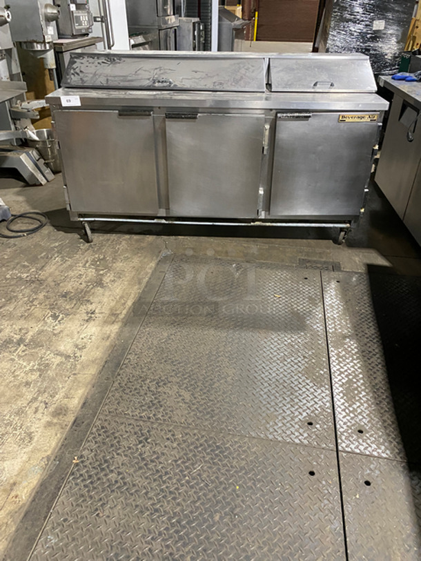 Beverage Air Commercial Refrigerated Sandwich Prep Table! With 3 Door Storage Space Underneath! All Stainless Steel! On Casters! Model: SP7218 SN: 7602388! Powers On But Does Not Get Down To Temp! 115V 60HZ 1 Phase! 