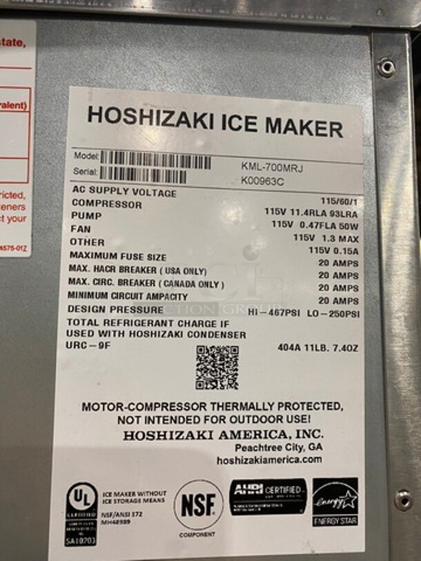 Hoshizaki Commercial Ice Maker Machine! With Commercial Ice Bin! All Stainless Steel! On Legs! Model: KML700MRJ SN: K00963C 115V 60HZ 1 Phase, Model: B500PF SN: G50530F - Image 5 of 8