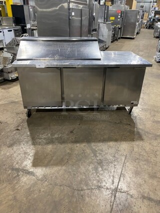 BEVERAGE AIR All Stainless-Steel! Refrigerated Sandwich/Salad Prep Table Area With Lid! With 3 Door Storage! On Casters!