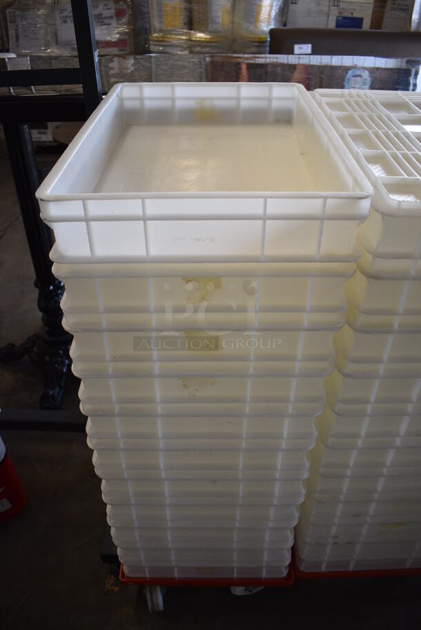 Poly Red Dolly w/ 11 White Poly Dough Bins on Commercial Casters. 16x24x7, 16x24x4