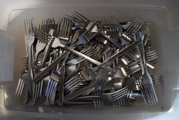 ALL ONE MONEY! Lot of Metal Forks in Clear Poly Bin w/ White Lid