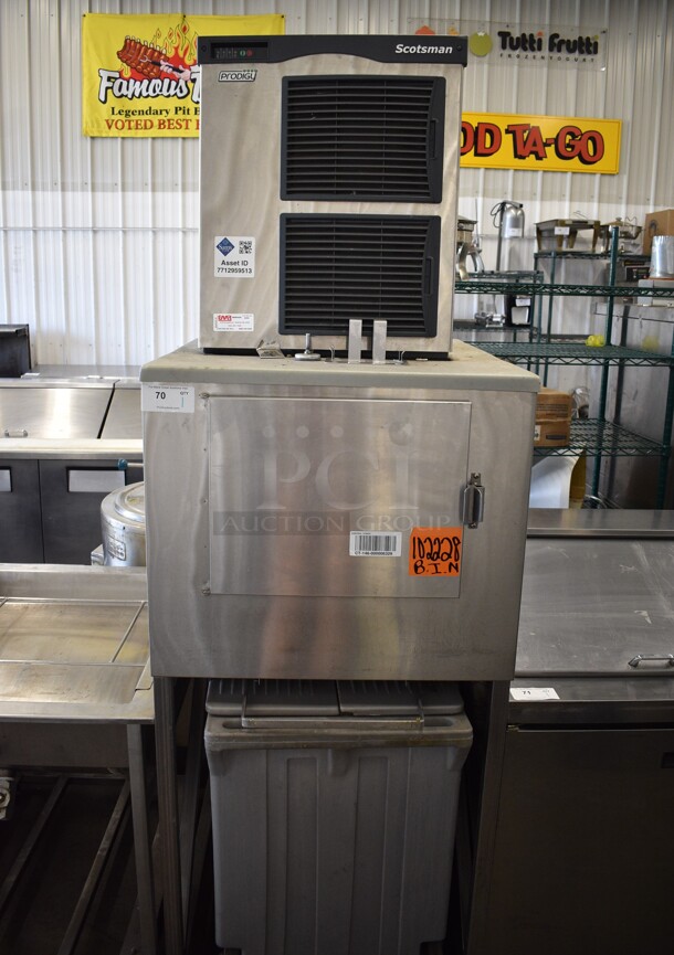 Scotsman F1222A-32A Stainless Steel Commercial Ice Head on Kloppenberg ICS-1 Commercial Ice Bin and Poly Ice Cart. 208/230 Volts, 1 Phase. 31x40x91