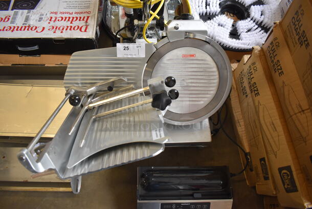 Avantco ASM0013 Stainless Steel Commercial Countertop Automatic Meat Slicer w/ Blade Sharpener. 120 Volts, 1 Phase. 25x26x25. Tested and Working! - Image 1 of 6