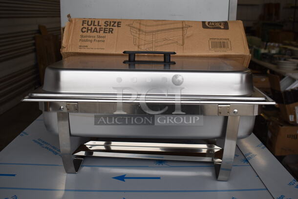 12 BRAND NEW IN BOX! Choice Aluminum 8 Quart Full Size Chafing Dish w Drop In and Lid. 23x14.5x12. 12 Times Your Bid!