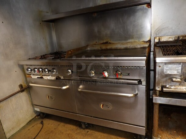 TESTED AND WORKING! Cooking Performance Group (CPG) Commercial Natural Gas Powered 4-Burner, Flat Griddle Stove With 2-Full Sized Ovens, Raised Backsplash and Overhead Salamander Shelf. On Castors. 
240,000 BTU

Range 60
