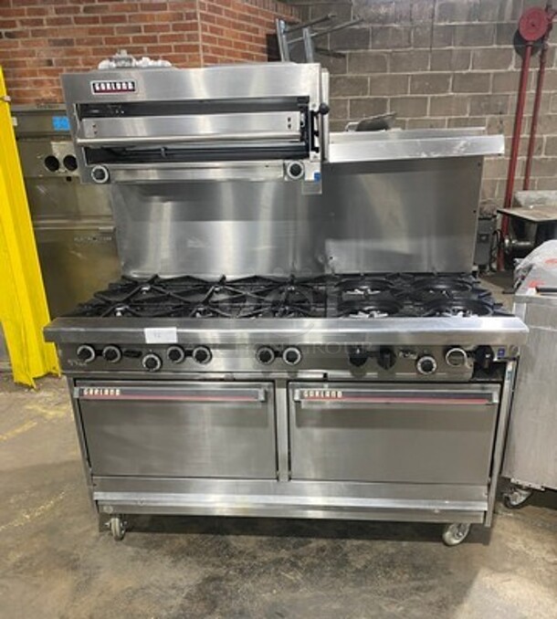 Amaizing! Garland Natural Gas Powered 10 Burner Stove! With 2 Ovens! With Metal Oven Racks! With Raised Back Splash & Salamander! Stainless Steel! On Casters! Working When Removed!
