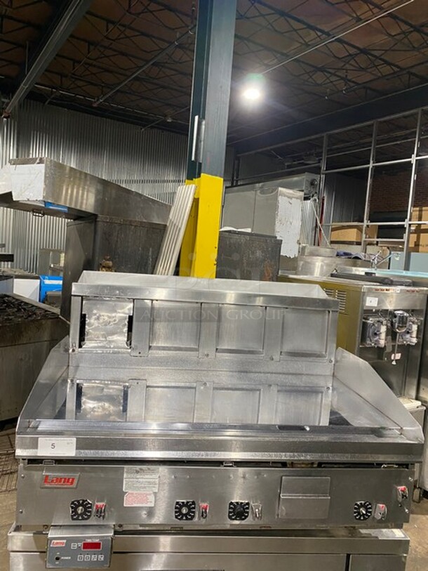 Lang Commercial Countertop Natural Gas Powered Mirror Shine Flat Top Griddle! With Thermostatic Controls! Built In Hood! With Back And Side Splashes! All Stainless Steel! On Legs!  - Image 1 of 9