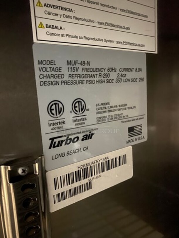 Turbo Air Commercial 2 Door Lowboy/Worktop Freezer! With Poly Coated Racks! All Stainless Steel! On Casters! Model: MUF48 SN: H2KMU4FEY1484 115V 60HZ 1 Phase - Image 7 of 8