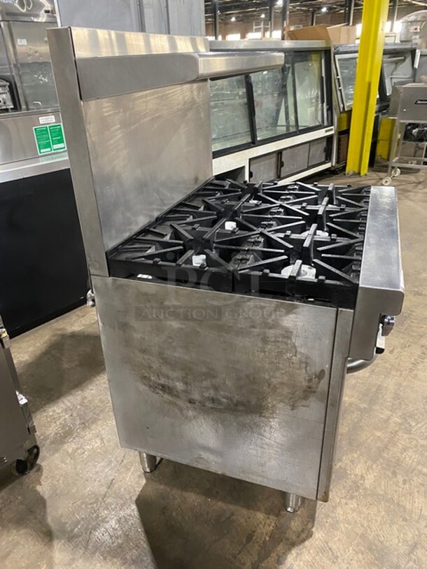 GREAT! Southbend Commercial Natural Gas Powered 6 Burner Stove! With full Sized Oven Underneath! With Backsplash & Overhead Salamander Shelf! All Stainless Steel! With Metal Oven Racks! On Legs! Model: 4361D SN: 11A17770! - Image 4 of 10