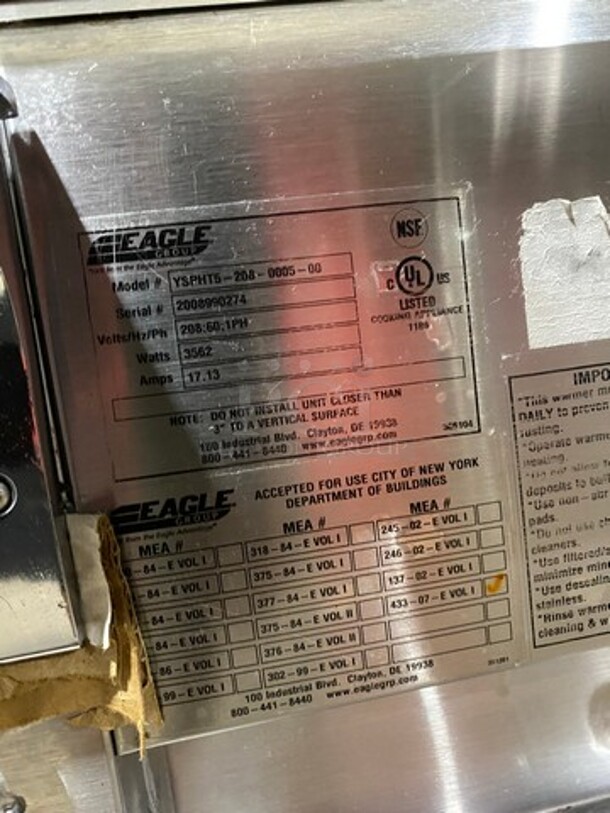 Eagle Commercial Electric Powered 5 Well Steam Table! With Storage Space Underneath! All Stainless Steel! On Casters! Model: YSPHT5 SN: 2008990274 208V 60HZ 1 Phase - Image 8 of 10