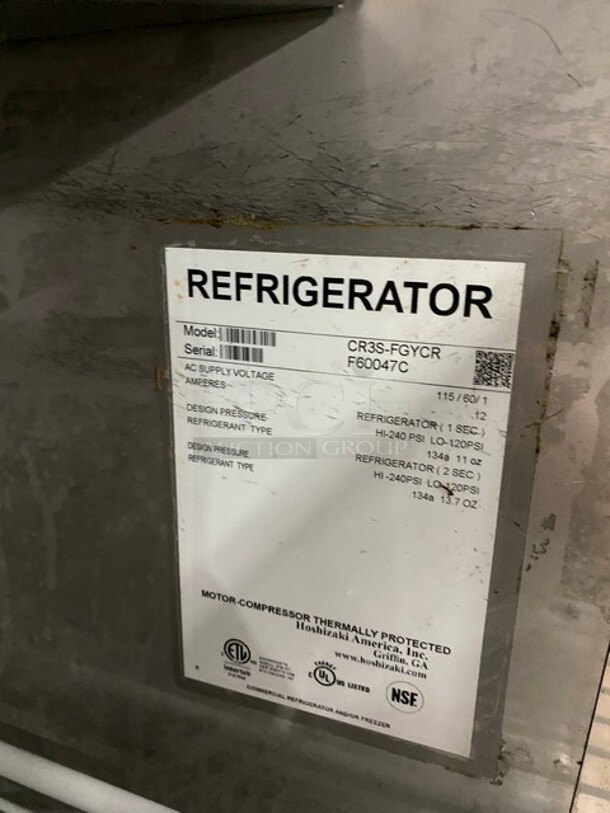 COOL! Hoshizaki Commercial 3 Door Reach In Cooler Merchandiser! With View Through Doors! Poly Coated Racks! All Stainless Steel Body! WORKING WHEN REMOVED! Model: CR3SFGYCR SN: F60047C 115V 60HZ 1 Phase - Image 8 of 10