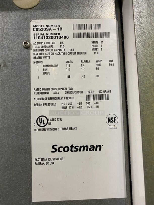 Scotsman Prodigy Stainless Steel Commercial Ice Head on Scotsman Commercial Bin! MODEL CO530SA-1B SN:11041320010488 115V 1PH  - Image 6 of 9