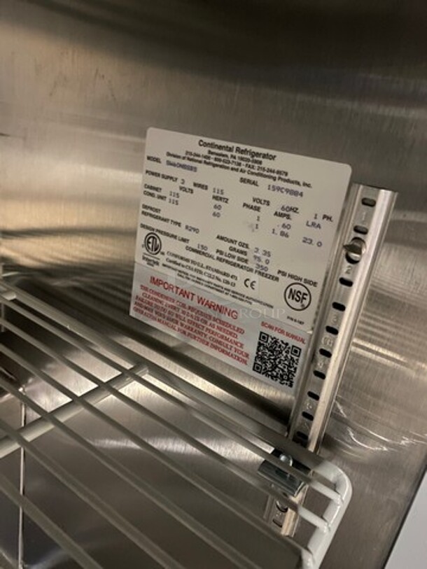 WOW! NEW! OUT OF THE BOX! Continental Commercial 2 Door Lowboy/Worktop Cooler! With Back Splash! All Stainless Steel! Model: SW60NSSBS SN: 159C9884 115V 60HZ 1 Phase - Image 7 of 10