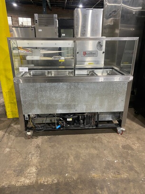 Leader Commercial Refrigerated Food Prep/Serve Station/Cold Pan! With Sneeze Guard! With 2 Door Underneath Storage Space! Stainless Steel Body! HAS BROKEN SIDE GLASS! Model ESLM60SC Serial NR11C0216B! 115V 1Phase! On Casters!