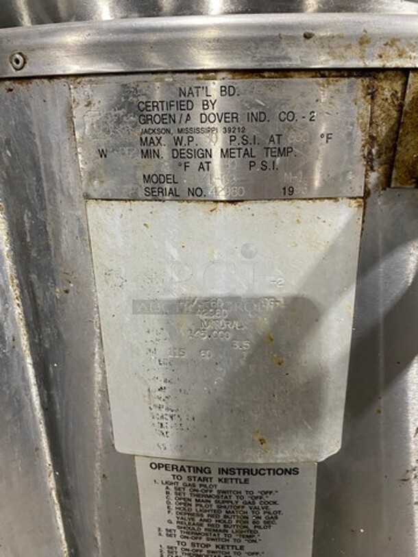 Groen Commercial Natural Gas Powered Soup Kettle! All Stainless Steel! On Legs! Model: AH/1-60 SN: 42980 - Image 9 of 11