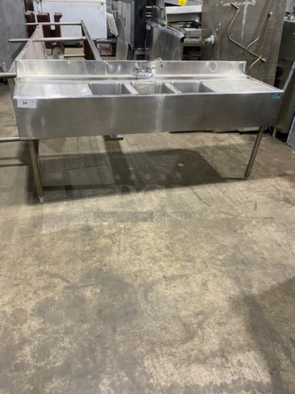 SWEET! Supreme Metal Commercial 3 Bay Bar Back Sink! With Dual Side Drain Boards! With Back Splash! With Faucets And Handles! All Stainless Steel! On Legs!