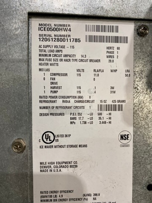 Ice-O-Matic Commercial Ice Making Machine! On Commercial Ice Bin! With Mounted Ice Scoop Holder And Scoop! All Stainless Steel! 2x Your Bid Makes One Unit! WORKING WHEN REMOVED! Model: ICE0500HW4 SN: 12061280011785 115V 60HZ 1 Phase - Image 5 of 8