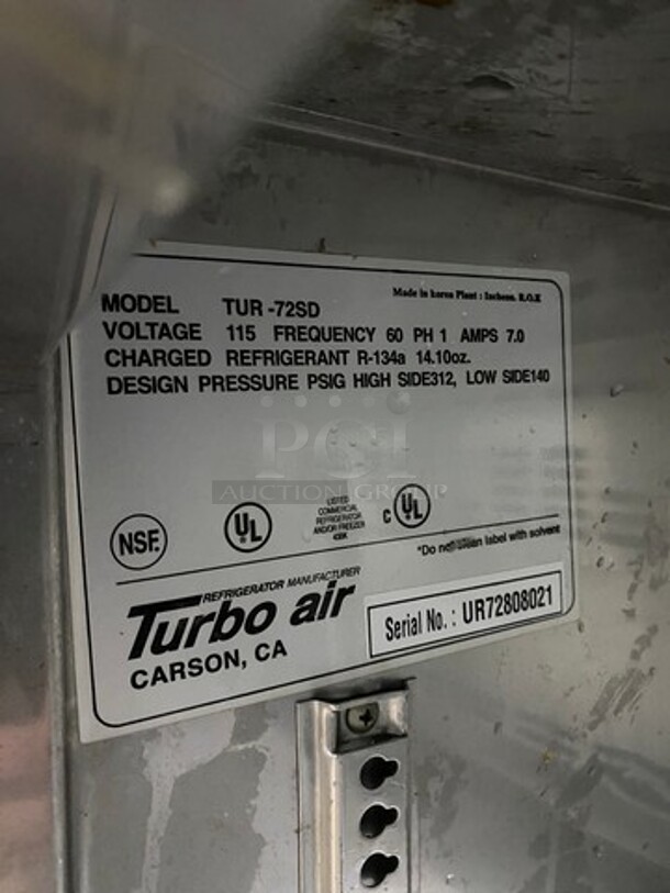 Turbo Air Commercial 3 Door Lowboy/Worktop Cooler! All Stainless Steel! On Casters! Model: TUR72SD SN: UR72808021 115V 60HZ 1 Phase - Image 7 of 7