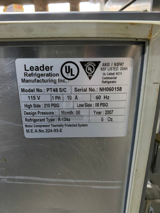 Leader Commercial Refrigerated Pizza Prep Table! With 2 Door Underneath Storage Space! All Stainless Steel! On Casters! Model: PT48SC SN: NH060158 115V 60HZ 1 Phase - Image 7 of 10