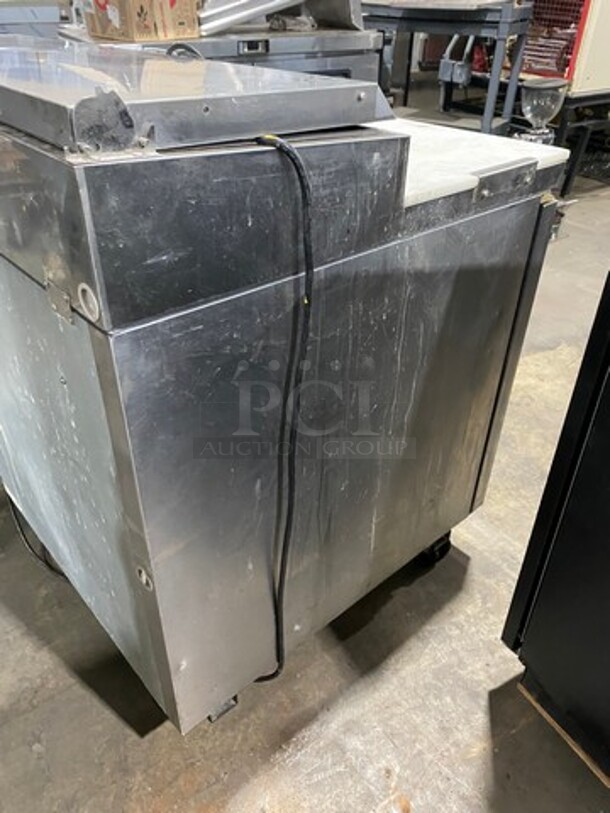 Nice! Turbo Air Commercial Refrigerated Pizza Prep Table! With Commercial Cutting Board! With Single Door Storage Space! Poly Coated Rack! All Stainless Steel! On Casters! Model: TPR44SD SN: TP4RA0100B 115V 60HZ 1 Phase! Working When Removed!  - Image 4 of 10