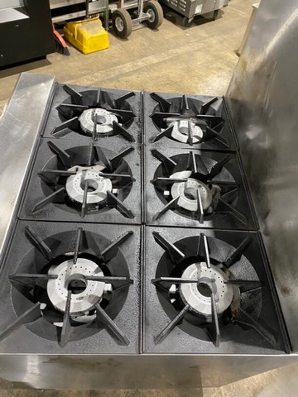 Nice! 2016 Therma Tek Natural Gas Powered 6 Burner Range! With Full Size Oven Underneath! With Raised Back Splash! Model TMD36-6-1N! On Commercial Casters! Working When Removed! - Image 5 of 10