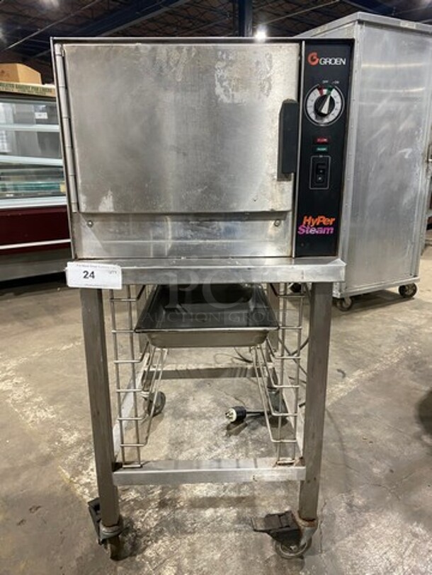 Groen Commercial Electric Powered Cabinet Steamer! With Pan Rack Underneath! All Stainless Steel! On Casters! Model: HY-3E SN: 3E17654MS 208V 60HZ 1 Phase
