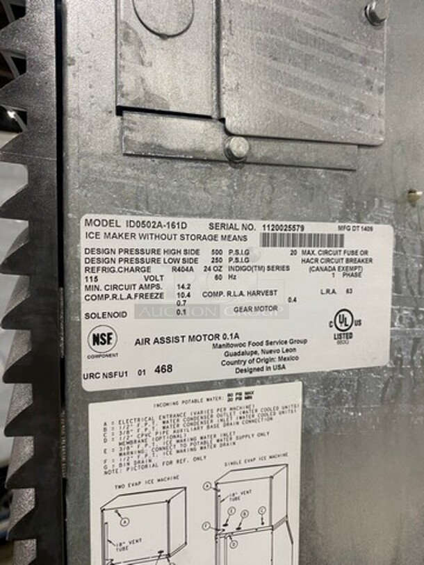 Manitowoc Commercial Ice Maker Machine! With Commercial Ice Bin! All Stainless Steel! On Legs! Model: ID0502A161D SN: 1120025579 115V 60HZ 1 Phase - Image 5 of 8