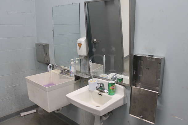 ALL ONE MONEY! ROOM LOT of Various Items Including Trash Can, Grab Bars, Toilets, Stalls, Lockers and Mirror. BUYER MUST REMOVE. - Image 1 of 12