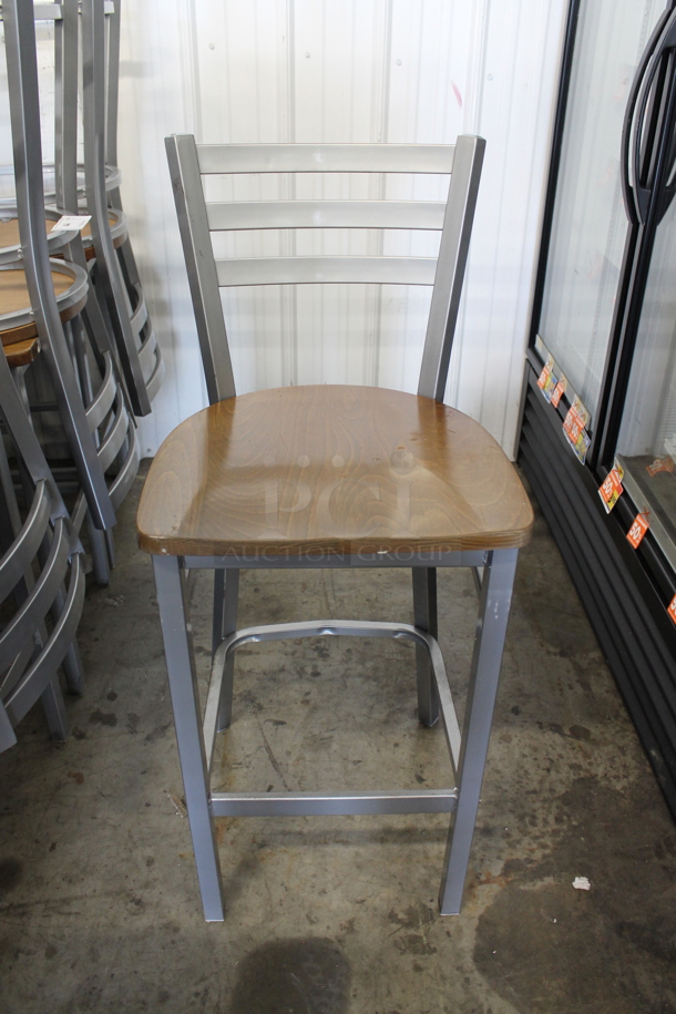 8 Gray Metal Bar Height Chairs w/ Wooden Seat. 8 Times Your Bid! - Image 1 of 4
