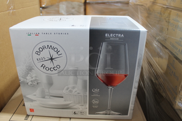 4 Boxes of 24 BRAND NEW IN BOX! Bormioli Rocco Electra Wine Glasses. 4 Times Your Bid!
