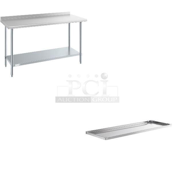 2 BRAND NEW SCRATCH AND DENT! Steelton 522ETSG24602 24" x 60" 18 Gauge 430 Stainless Steel Work Table with Undershelf and 2" Rear Upturn and Regency 600UT3072S Adjustable Stainless Steel Work Table Undershelf for 30" x 72" Tables - 18 Gauge. 2 Times Your Bid! May Be Missing Pieces.  - Image 1 of 4