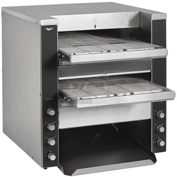 BRAND NEW SCRATCH AND DENT! Vollrath JT4 Stainless Steel Commercial Countertop Electric Powered Dual Conveyor Toaster with 1 1/2"-3" and 1 1/2" Openings. 240 Volts, 1 Phase.  - Image 1 of 6