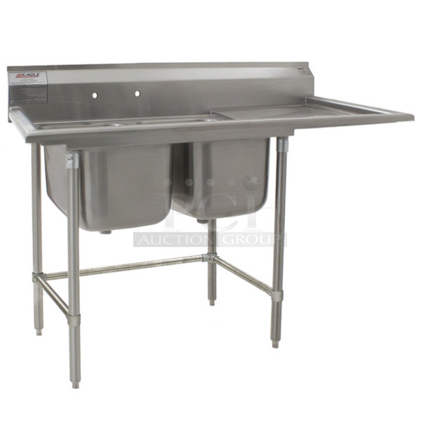 BRAND NEW SCRATCH AND DENT! Eagle S14-20-2-18R-SL Stainless Steel Commercial 2 Bay Sink w/ Right Drain Board. No Legs. Bays 20x20x14. Drain Boards 18x23
